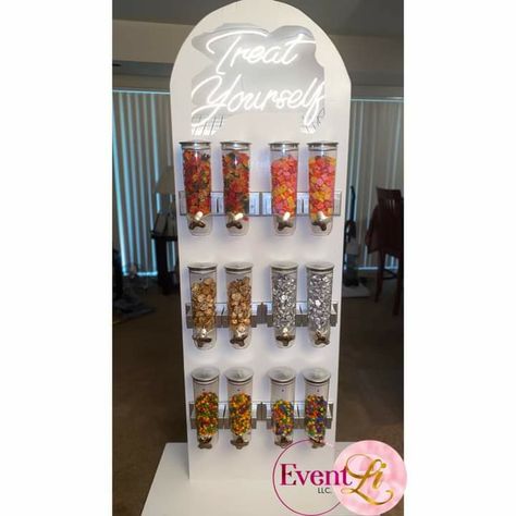 Party Wall Rental, Unique Candy Bar Ideas, Party Favor Display Stand, Candy Stand Ideas Display, Treat Wall Party, Snack Wall Ideas, Diy Candy Wall Dispenser, Birthday Rental Ideas, Candy Wall Dispenser