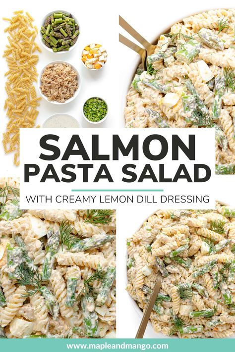 Creamy Salmon Asparagus Pasta Salad! Loaded with fresh asparagus, canned salmon (or fresh!), hard boiled eggs and pasta all tossed together in a creamy lemon dill dressing. It's absolutely delicious, easy to make and sure to become a new spring/summer favorite! This pasta salad recipe is a complete meal and satisfying all on its own but also makes the perfect side dish for summer BBQs, picnics or potlucks too! | www.mapleandmango.com Lemon Dill Dressing, Salmon Pasta Salad, Pasta Salad Salmon, Asparagus Pasta Salad, Easy Asparagus Recipes, Salmon Asparagus, Creamy Salmon, Canned Salmon Recipes, Creamy Pasta Salads