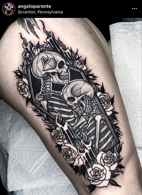 Coffin Tattoo, Lovers Tattoo, Tarot Card Tattoo, Tarot Tattoo, Panda Tattoo, Skeleton Tattoos, Tattoos For Lovers, Text Tattoo, Spooky Tattoos