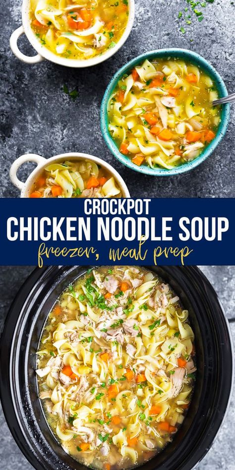 Crockpot chicken noodle soup is the ultimate comfort food made easier: no sauteeing, loaded with noodles, and totally satisfying. #sweetpeasandsaffron #slowcooker #crockpot #chicken Soup Chicken Crockpot, Vegan Chili Crockpot, Crockpot Chicken Noodle Soup, Slow Cooker Chicken Noodle Soup, Chicken Noodle Soup Crock Pot, Crockpot Chicken Healthy, Noodle Soup Recipes, Soup Recipes Chicken Noodle, Crock Pot Soup