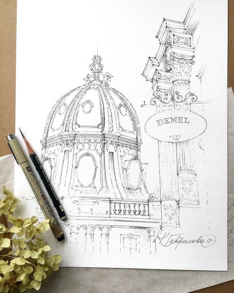 Sketch by Гаврилова Кристина @xtina_gavrilova_art  в Instagram: «St Michael's Gate Dome, Vienna, Austria 💚 #aquarell #art #painting #watercolor #watercolour #sketch  #paint  #drawing #sketching #sketchbook #travelbook #archisketchery #sketchaday #sketchwalker #sketchcollector  #traveldiary #topcreator #usk  #urbansketch #urbansketchers #скетчбук #скетч #скетчинг #pleinair #aquarelle #watercolorsketch #usk #architecture #painting #illustration Watercolors Drawings, Art Painting Watercolor, Building Sketch, Paint Drawing, Building Drawing, Saint Petersburg Russia, Drawing Sketching, Architecture Painting, Sketch A Day