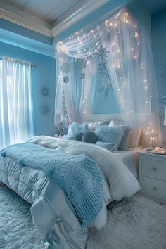 Winter Themed Bedroom Ideas, Ice Room Aesthetic, Icy Blue Bedroom, Frozen Room Ideas, Winter Aesthetic Blue, Blue Room Decor Bedroom, Blue Girls Bedroom, Blue Girls Room, Winter Wonderland Aesthetic