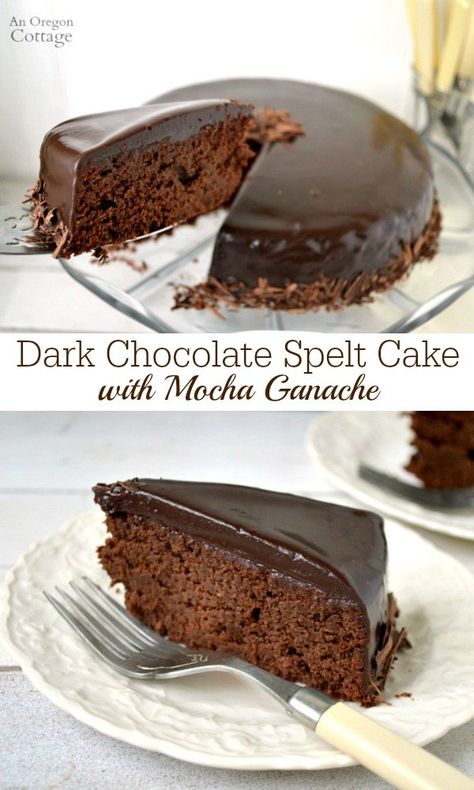 Luscious, moist, deep chocolate with a hint of coffee, Dark Chocolate Spelt Cake with Mocha Ganache will be the star of your next party! Mocha Ganache, Spelt Cake, Spelt Recipes, Vegan Breads, Easy Cakes To Make, Chocolate Ganache Cake, Ganache Cake, Scratch Recipes, Pecan Cake