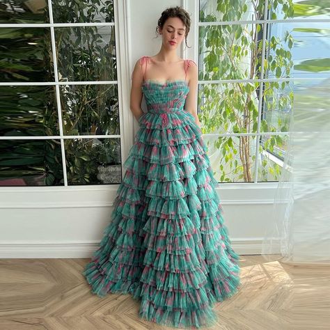 Whimsical Prom Dress, Pastel Gown, Pink And Green Dress, Teuta Matoshi, Tulle Dress Long, Tulle Prom Dresses, Whimsical Dress, Dress Code Wedding, Draped Bodice