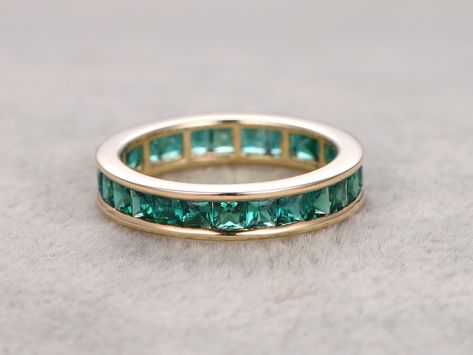 Emerald Wedding Band 14k Yellow Gold Princess Cut Stone Anniversary Ring Channel Set Emerald Promise Rings, Wedding Ring Images, Emerald Wedding Anniversary, Yellow Gold Anniversary Rings, Emerald Anniversary, Emerald Eternity Band, Emerald Wedding Band, May Birthstone Rings, Princess Cut Gold