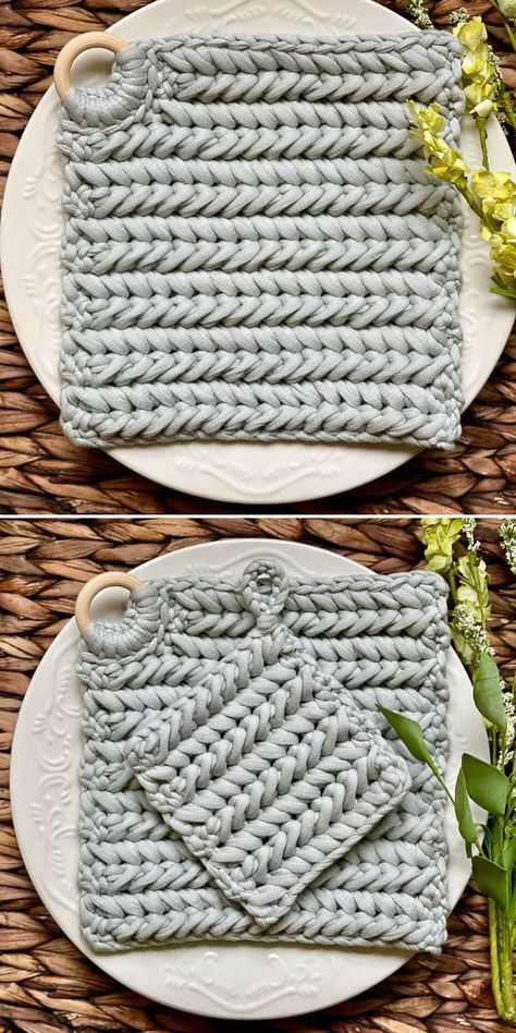 Use the unique qualities of bulky fabric yarn to your advantage and make one-of-a-kind stylish trivets. As you can see below, simple design by Dana features lovely herringbone stitch. Wooden ring detail not only looks great, but is very useful - you can hang it when it's not needed. #fabriccrochet #fabricyarn #freecrochetpattern #crochetwithfabric #crochettrivet Crochet Trivet Free Pattern, Trivet Crochet Pattern, Free Hobbies, Crochet Trivet, Bulky Yarn Patterns, Crochet Potholder Patterns, Fabric Crochet, Crochet Rag Rug, Crochet Hot Pads