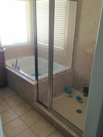 Shower Next To Tub, Outdated Bathroom Makeover, Builder Grade Bathroom, Shower Makeover, Outdated Bathroom, Master Tub, Tub To Shower Remodel, Tub Remodel, Small Bathroom With Shower