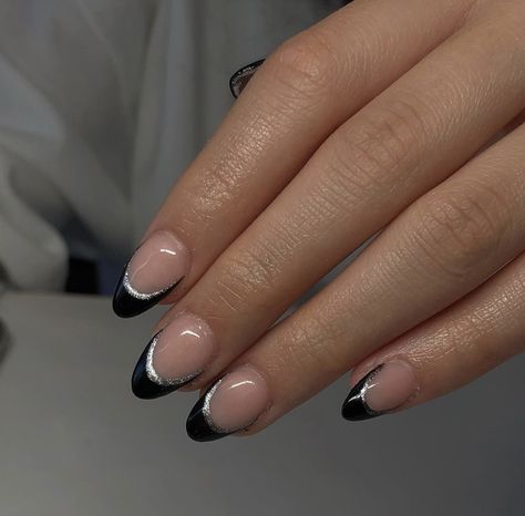 Black French Tip With Line Under, Black French Tips With Sparkles, Black French Tip Nails With Glitter Line, Black Silver French Tip Nails, Black Nails With Silver Design, Black French Tips With Silver, Black French Tip Nails Almond, Black Tie Nails, Black Nail Inspiration