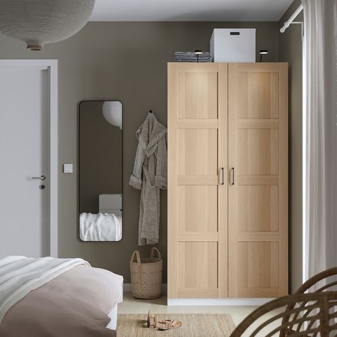 PAX / BERGSBO Wardrobe, white/white stained oak effect, 100x60x201 cm - IKEA Spain Ikea Pax Wardrobe White Stained Oak, Ikea Pax Wardrobe Wood, Ikea Freestanding Wardrobe, Pax Oak Wardrobe, Bergsbo Wardrobe, Pax Doors, Scandinavian Wardrobe, Armoire Pax, Cottage Bath