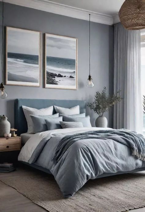 Scandinavian Bedroom Grey Bed, Grey Blue Bedroom Ideas, Blue And Gray Bedroom Ideas, Chic Blue Bedroom, Cozy Blue Bedroom, Blue Grey Bedroom, Blue And Grey Bedroom Ideas, Blue And Grey Bedroom, Scandinavian Bedroom Ideas