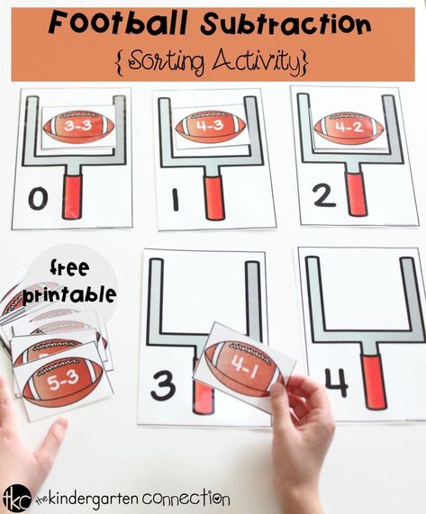 Season Kindergarten, Football Math Activities, Partner Math Games, Subtraction Centers, Number Combinations, Subtraction Games, Kindergarten Math Games, Math Subtraction, Subtraction Activities