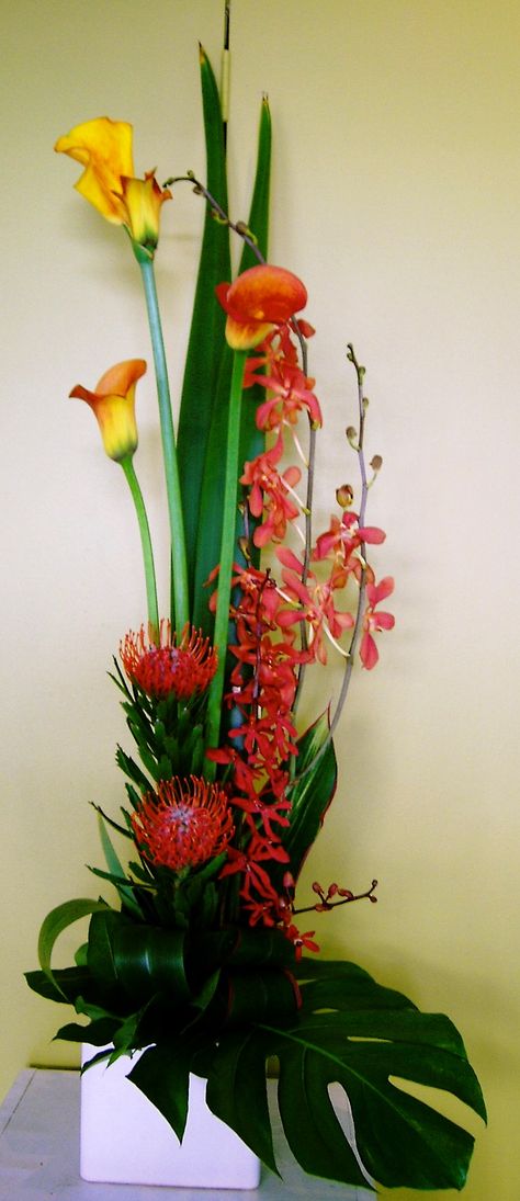 Modern #flower arrangement of Callas, Orchids, and Protea Nutans with tropical foliages. #floristry Contemporary Flower Arrangements, Arrangement Of Flowers, Tropical Floral Arrangements, Tropical Flower Arrangements, Gubahan Bunga, Corporate Flowers, Fall Flower Arrangements, Ikebana Arrangements, Ikebana Flower Arrangement