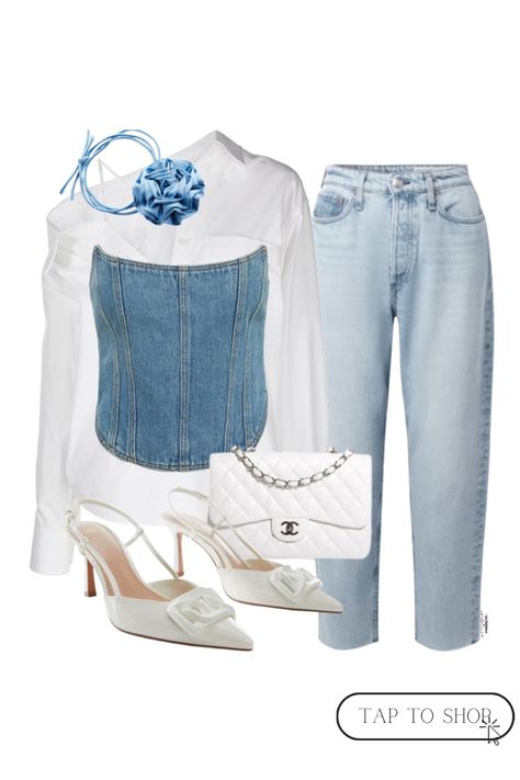 Denim And White Outfits Party, Denim Corset Outfit Ideas, Denim Outfits For Women Party, Denim Tube Top Outfit, Corset Over Shirt, Corset And Jeans Outfit, Ss23 Trends, Denim Corset Outfit, White Denim Outfit