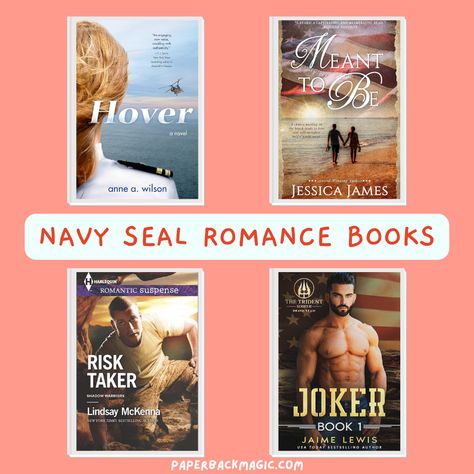 Looking for some romance as well as action? Here are my recommendations for military romance books with Navy SEALs:

• Hover by Anne A Wilson
• Meant to Be by Jessica James
• Risk Taker by Lindsay McKenna
• Joker by Jaime Lewis

I've read these book in the past year or so and, let me tell you, there is just something about a strong military MMC and, in the case of these four novels, a capable military FMC finding love in a war-zone. Romance Book Recs, Military Romance Books, Jessica James, Military Romance, Risk Taker, Book Recs, Navy Seal, Romantic Suspense, Navy Seals