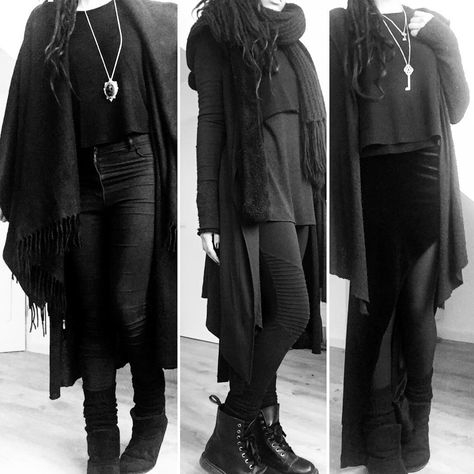 Friday morning and I'm excited for a chilled weekend.  So, which outfit from this week is your favourite?  . . #ootd #allblackeverything #blackandwhite #nugoth #everydaygoth #gothic #gothicstyle #gothgirl #goth #darkfashion #darkbeauty #occultfashion #witch #dreads #dreadlocks #demonia #demoniaboots #winter #winterfashion #layers High Waisted Outfits, Goth Lifestyle, Dark Boho Fashion, Rad Outfits, Wicked Fashion, Winter Goth, Goth Outfit Ideas, Outfits 2014, Casual Goth