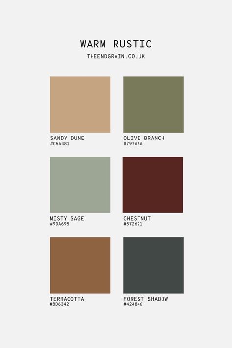 Dark Green House Color Palette, Olive Pallet Colour Palettes, What Colors Go Well With Sage Green, Earthy Interior Design Colour Palettes, Earthy Colour Palette Living Room, Rustic Farmhouse Color Palette, Cozy Colour Palette, Earthy Green Color Palette, Warm Green Color Palette