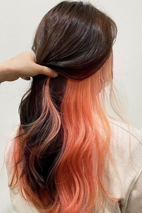 Peach Underdye Hair, Peekaboo Hair Color Korean, Coral Peekaboo Hair, Underside Dyed Hair, Underhair Color Dyed Hair, Different Ways To Dye Your Hair, Under Layer Hair Dye, Under Hair Color, Hidden Hair Color