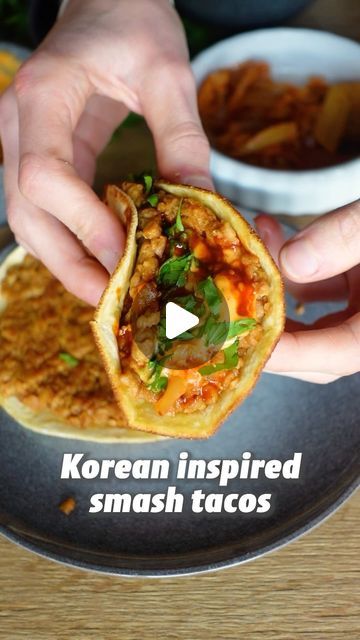 Maya // vegan recipes on Instagram: "KOREAN INSPIRED SMASH TACOS 🌮 Veganuary Nr.2 🌱 This might be one of the best things I’ve ever made… please, please, pleaaaase try it! 🤞😌 RECIPE (6 tacos, 30min prep time): -150g soy chunks -2 Tbsp soy sauce -1 3/4 Cup (450ml) water -1 Tsp each salt, cumin, paprika -1/2 Tsp garlic powder, ginger powder Cook until the water is gone (about 5-10mins). -2/3 cup (100g) chickpea flour Stir everything in and set aside while making the sauces. Press some of the mixture on each tortillas and fry in some oil for a few minutes. Spicy mayo: -1/2 cup (125g) vegan mayonnaise -1 Tbsp gochujang -optional: a squeeze of lime -water to thin Mix to combine. Gochujang sauce: -1 Tbsp Gochujang -1 Tbsp maple syrup -2 Tsp vinegar -2 Tsp (sesame) oil -sesame seeds -water to Soy Chunks, Smash Tacos, Instagram Korean, Gochujang Sauce, Lime Water, Ginger Powder, Fusion Dishes, Vegan Mayonnaise, Spicy Mayo