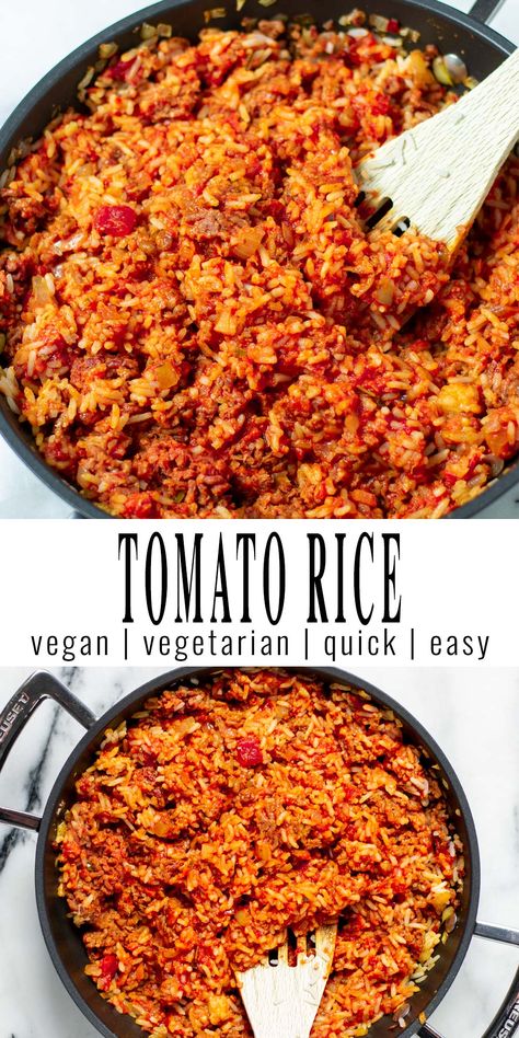 Tomato Rice is a super quick 15 minute meal that the whole family will love. A basic recipe made from pantry staples like tomato sauce and tomato paste. Serve this and you can be sure even the pickiest eaters will eat it. #vegan #dairyfree #vegetarian #freezermeals #mealprep #contentdnesscooking #tomatorice #basicrecipes Tomato Paste Recipe, Easy Mediterranean Recipes, Vegan Ground Beef, Clean Eating Vegan, Vegan Casserole, Tomato Rice, Sauce For Rice, Leftover Rice, Dairy Free Diet