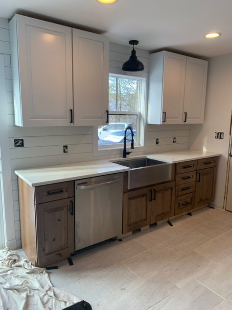 Small Kitchen Remodel Farmhouse Backsplash, Trailer Remodel Kitchen Mobile Homes, Shipman Backsplash, Backsplash Shiplap Kitchen, Paneling For Backsplash, Small Kitchen Shiplap Wall, Farmhouse Shiplap Kitchen, Shiplap Tile Backsplash Kitchen, Shiplap In Kitchen Backsplash