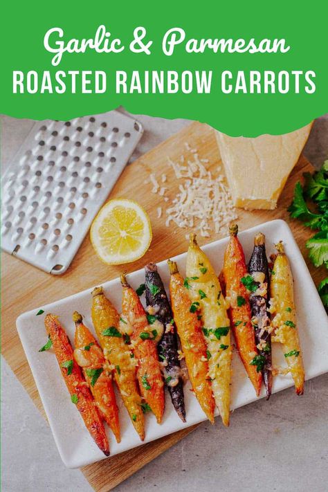 These roasted rainbow carrots with parmesan and garlic are an incredibly easy and delicious way to enjoy gorgeous multicolored carrots! Multi Colored Carrots, Rainbow Carrots Recipe, Rainbow Carrot Recipes, Assyrian Recipes, Colored Carrots, Carrots In Oven, Carrot Pasta, Carrots Side Dish, Roasted Rainbow Carrots