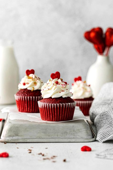 Red Velvet Cupcakes with Cream Cheese Frosting Vegan Red Velvet Cupcakes, Red Velvet Desserts, Vegan Cream Cheese Frosting, Red Cupcakes, Fun Cupcake Recipes, Valentines Baking, Cupcakes With Cream Cheese Frosting, Valentine Day Cupcakes, Baking Cocoa