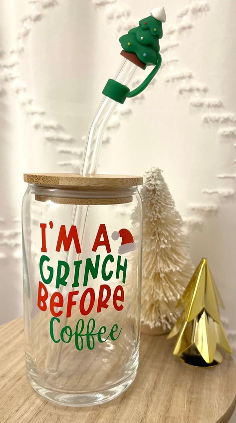 I'm a Grinch before Coffee Libby Glass can Makes the perfect gift for any holiday lover or perfect for everyday use!  Sip in style and embrace the season with the most durable & high-quality glass cup. 🎄 Includes:  1 Libby Glass Cup w/ permanent vinyl lettering.  *Vinyl is water resistant, but please hand wash only. Do not soak, or put in dishwasher.  -Comes with bamboo lid & glass straw + straw cleaner. -16oz thick glass -Fits in cup holders -Care card instructions on how to take care of your Cup Gift Ideas Filled Christmas, Grinch Vinyl Decal, Christmas Tumblers Sublimation, Cricut Vinyl Cups, Coffee Glass Cup Design Christmas, Christmas Cups Vinyl Cricut, Glass Cup Design Christmas, Glass Cups With Vinyl Christmas, Christmas Libbey Cup