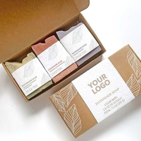 Perfect for #corporate #gifting, this box set of 3 thick #handcrafted soap bars will delight recipients. Each bar has a beautiful leaf design on the handmade #recycled paper labels to match the white printing on the recyclable gift box. The external band on the box will feature your #branding. The soaps are made with simple ingredients including olive #oil, shea #butter, #coconut oil & essential oils. #brand #merch #logo #swag #bathroom #eco #beauty #environment #green #gifts Handmade Soap Gift Set, Handmade Soap Packaging, Soap Packaging Design, Handmade Gifts For Boyfriend, Corporate Holiday Gifts, Lotion Gift, Soap Labels, Soap Gift Set, Handmade Baby Gifts