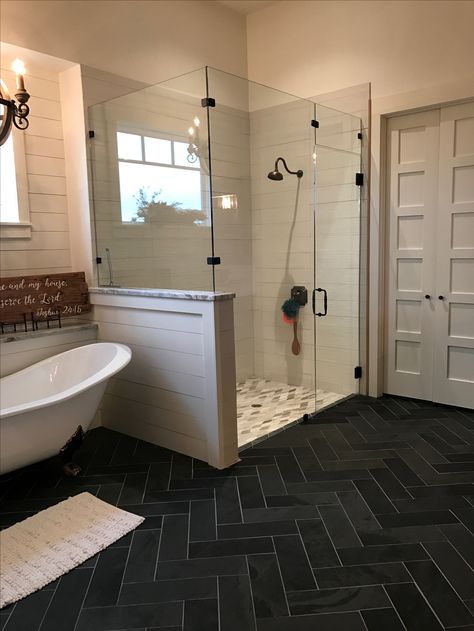 Shiplap shower with herringbone honed slate floors, farmhouse bathroom Herringbone Bathroom Floor, Bathroom Remodel Ideas, Farmhouse Master, Small Remodel, Master Bath Remodel, Shower Remodel, Bathroom Remodel Master, Bath Remodel, Farmhouse Bathroom