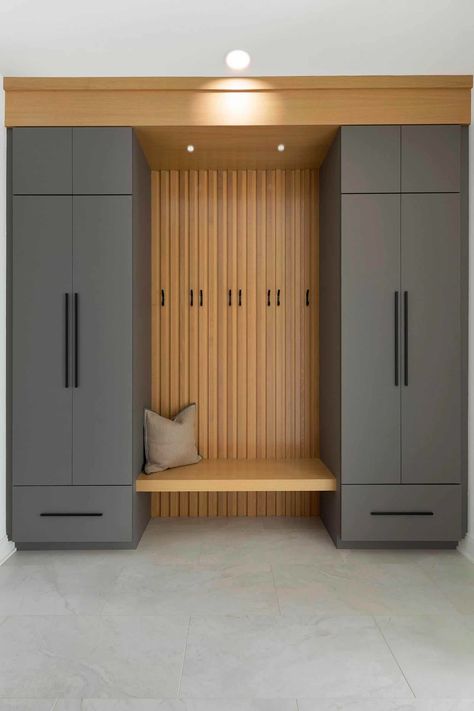 Coat Closet Bench, Mudroom With Coat Closet, Cabinets For Mudroom, Home Entrance Closet, Ikea Entrance Closet, Mudroom With Lockers And Bench, Modern Mudroom Lockers, Mudroom Slat Wall, Modern Coat Closet