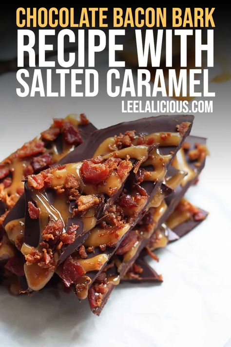 Dark chocolate drizzled with salted coconut caramel and sprinkled with bacon crumbles with this amazing Chocolate Bacon Bark. This recipe is perfect to satisfy both sweet and savory snack cravings. #darkchocolate #saltedcoconutcaramel #dessert #bacon #caramel #dairyfree #savory #recipe Unique Bacon Recipes, Bacon Dessert Recipes, Bacon Bark, Candy Bark Recipes, Sweet Bacon, Bacon Desserts, Bacon Treats, Dark Chocolate Bark, Breakfast Bacon