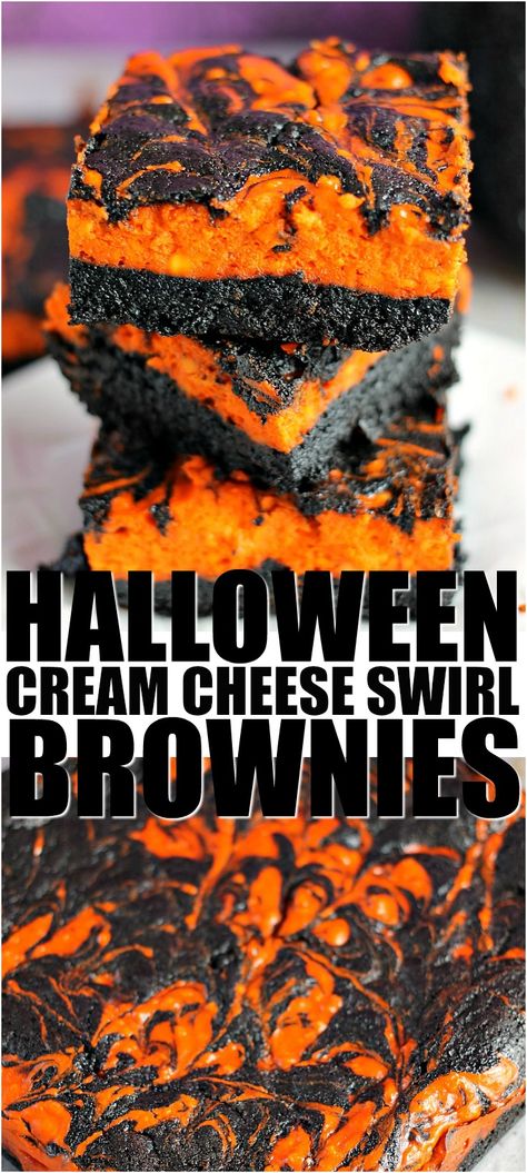 Halloween Cream Cheese Swirl Brownies have a layer of rich, dark chocolate brownie topped with a layer of orange cheesecake then swirled together for a spooky treat. | Persnickety Plates Cream Cheese Swirl Brownies, Halloween Fingerfood, Persnickety Plates, Dark Chocolate Brownie, Orange Cheesecake, Cream Cheese Swirl, Halloween Brownies, Dessert Halloween, Postres Halloween