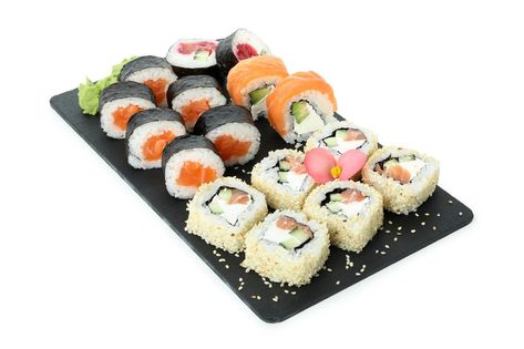 Slate board with sushi set isolated on white background Japanese Food Sushi, Slate Board, Nigiri Sushi, Sushi Set, Food Png, Japanese Sushi, Sushi Rolls, Tasty Food, Party Snacks