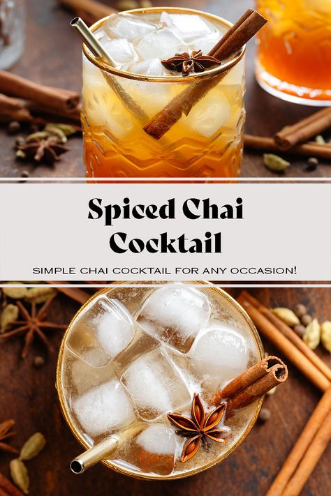 This Spiced Chai Cocktail is made with spicy chai, sweet homemade chai simple syrup, and dark rum. All the warming spices make this the perfect cocktail for the cold fall and winter months, especially the holidays! Try it this Thanksgiving or Christmas, I promise you won't be disappointed! Chai Simple Syrup, Chai Tea Cocktail, Chai Cocktail, Spiced Rum Cocktails, Thyme Simple Syrup, Baked Apple Oatmeal, Spiced Cocktail, Cinnamon Simple Syrup, Homemade Chai