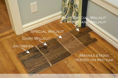 Minwax stain colors tested on red oak hardwood flooring - Jacobean,, Dark Walnut, Special Walnut - 1 Oak Stains, Hardwood Floor Stain Colors, Oak Floor Stains, Minwax Stain Colors, Floor Stain Colors, Wood Floor Stain Colors, Walnut Wood Floors, Walnut Hardwood Flooring, Red Oak Hardwood Floors