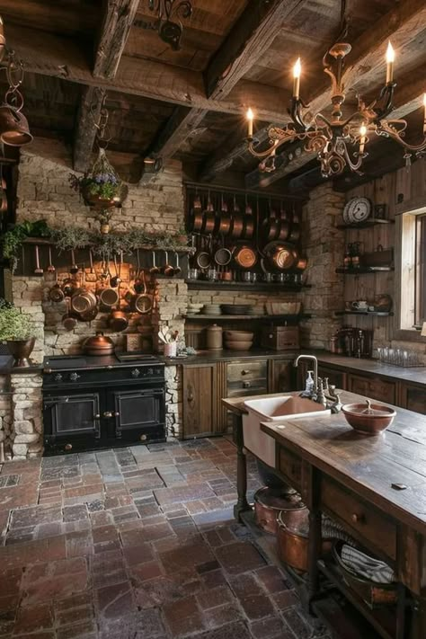 Medieval Style Kitchen, Castle Inspired Kitchen, Big Rustic Kitchen, Midevil Kitchen Design, Tavern Kitchen Aesthetic, Medieval Home Aesthetic, 1800s Home Interior, Castle Kitchen Aesthetic, Vintage Cabin Kitchen