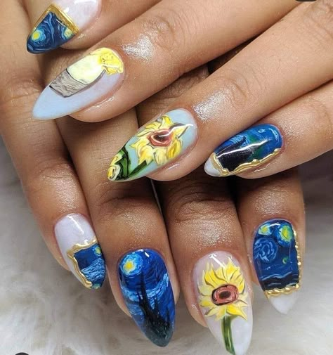 Famous Art Nails, Booktok Nails, Van Gogh Nail Art, Van Gogh Nails, Easter Nails Design, 2023 Spring Nails, Spring Nails 2023, Classical Sculpture, Sunflower Nails