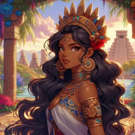 Aztec Woman Art, Mexican Girl Drawing, Aztec Oc, Aztec Character Design, Mexican Character Design, Aztec Queen, Mayan Princess, Aztec Princess, Aztec Goddess