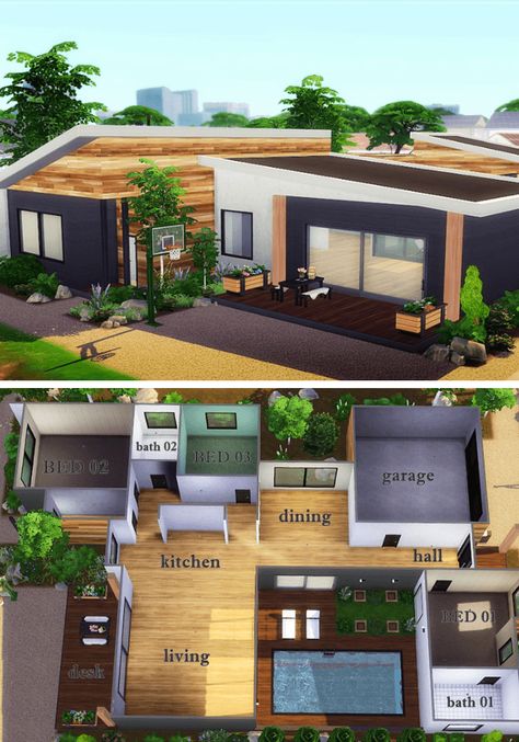 Sims 4 One Floor House Plan, Sims 4 One Bedroom House Layout, Floor Plans For The Sims 4, Sims 4house Ideas, Sims 4 House One Floor, Sims 4 Modern House Floor Plans Layout, Sims 4 Floorplan Modern, Sims Blueprints Floor Plans, Sims House Ideas Modern