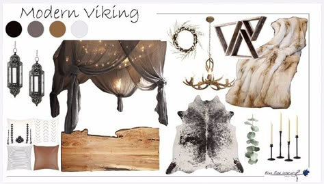 Modern viking themed bedroom / mood board / interior design Master Bedrooms Decor Viking, Norse Inspired Bedroom, Vikings Room Decor, Norse Living Room, Viking Style Living Room, Norse Themed Bedroom, Viking Aesthetic Bedroom, Norse Interior Design, Modern Viking Bedroom