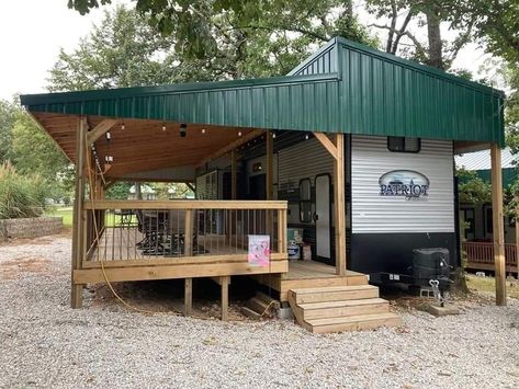 Porch Ideas For Campers, Travel Trailer Covered Porch, Camper Shelters Travel Trailers, Trailer Porch Ideas Decks, Trailer Covered Porch, Permanent Camper Deck Ideas, Camper Permanent Site, Fifth Wheel Porch Ideas, Seasonal Trailer Site Ideas