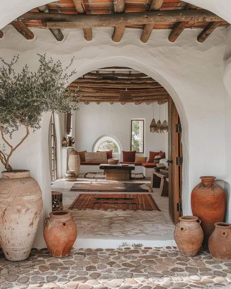 Hacienda Interior Design, Spanish Interior Design, Modern Hacienda, Backyard Goals, Spanish Interior, Mediterranean Interior Design, Stone Pavers, Tanaman Pot, Mediterranean Interior