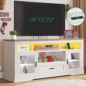 YITAHOME LED Farmhouse TV Stand for 65+ Inch TV w/Outlets & USB Ports, Modern Highboy Entertainment Center w/Glass Doors, Storage Drawers, Wood Media Console Cabinet for Living Room, Antique White 65 Inch Tv, Wood Media Console, Tv Entertainment Centers, Farmhouse Tv, Led Tv Stand, Tv Console Table, Tv Stand Cabinet, Farmhouse Tv Stand, Interior Shelves