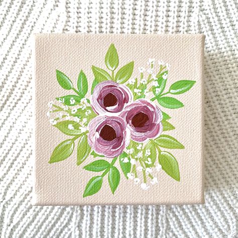 Simple Flower Canvas Painting Easy, 4x6 Canvas Painting Ideas, Mini Canvas Flower Paintings, Simple Floral Painting, Floral Painting Ideas, Floral Canvas Painting, Painted Bouquet, Flower Canvas Painting, Painting On Canvas For Beginners