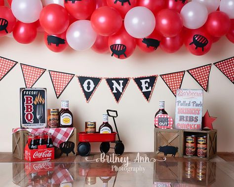 Brisket Beans, Ribs Photography, Bbq Theme Party, Birthday Barbecue, Party Balloon Arch, 1st Birthday Backdrop, Bbq Birthday Party, Bbq Cake, Pork Brisket