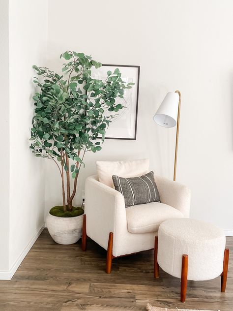 Awkward Corner Living Room, Tree In Living Room Corner, Accent Corner Wall, Living Room Corner Ideas, Corner Of Living Room, Living Room Corner Decor, Feature Armchair, Chair Corner, Lounge Corner