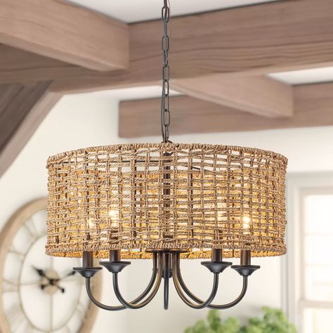 Cottage Style Lighting, Basket Light Fixture, Woven Chandelier, Modern Boho Farmhouse, Rattan Bedroom, Bamboo Chandelier, Rattan Light Fixture, Hanging Lights Kitchen, Rattan Chandelier