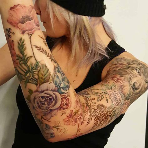 Natur Tattoo Arm, Tattoo Pieces, Colorful Sleeve Tattoos, Tattoo Bunt, Tato Tradisional, Feminine Tattoo Sleeves, Tato Lengan, Floral Tattoo Sleeve, Geniale Tattoos