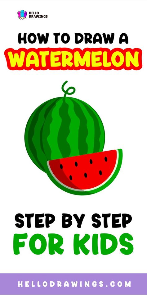 How to Draw a Watermelon | Simple Guide for Kids How To Draw A Watermelon, Watermelon Drawing For Kids, Easy Fruit Drawing, Watermelon Drawing, Fruit Drawing, Vegetable Drawing, Food Drawings, Fruits Drawing, Juicy Fruit