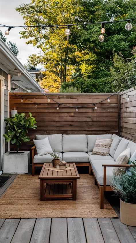 This small patio nook is super cozy and features an outdoor L shaped patio sectional, jute area rug, wooden coffee table, bistro lights along the fence and green plants in neutral planters. Small Patio Off Deck, Awkward Patio Spaces, California Outdoor Patio, Cozy Modern Patio, Scandinavian Patio Ideas, Small Patio Area Ideas, Backyard Bistro Area, L Shaped Balcony Ideas, Small Outdoor Spaces Backyards